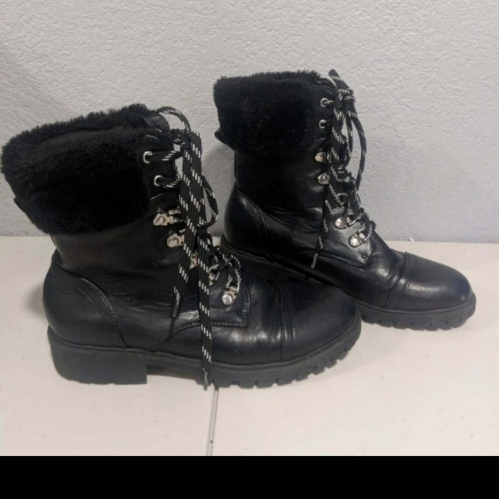 Women's Retro Black Fur Combat Ankle Boots Costume Cosplay Festival Emo Grunge